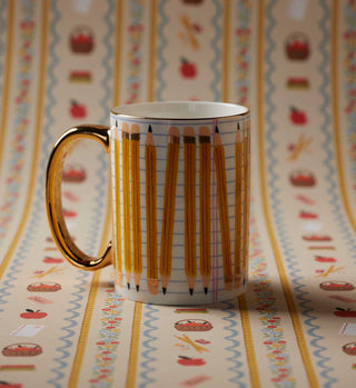 Rifle Paper Co. porcelain mug with pencil pattern print and shiny gold handle