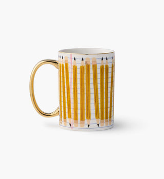 Rifle Paper Co. porcelain mug with yellow pencil pattern on lined paper background and gold handle