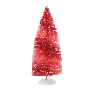 Red sisal bottle brush Christmas tree with white snow flecks on white base