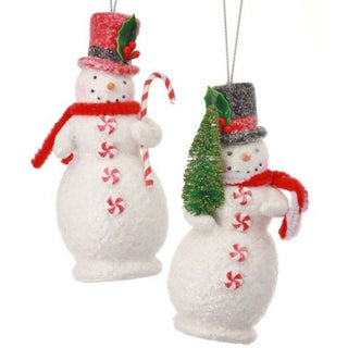 Peppermint Snowman Ornament white pulp with glitter texture, red hat and scarf, candy cane detail