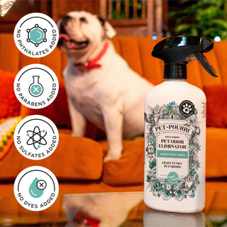 Pet-Pourri Pawsitively Fresh room spray bottle with botanical label and vet recommended badge on reflective surface