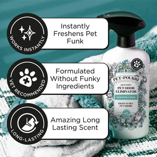 Pet-Pourri spray bottle on teal knitted blanket with instant long lasting scent badges
