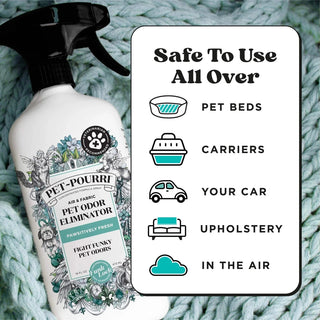 Pet-Pourri safe use icon card showing pet bed car carrier upholstery and air application