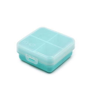 Closed teal plastic snack box with hinged lid and embossed melii logo