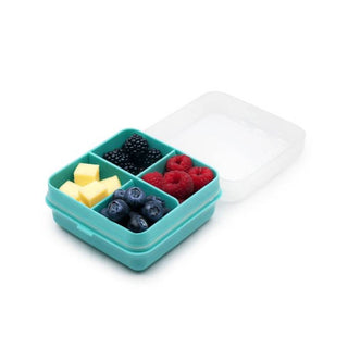 Teal Melii Snackle Box with four compartments filled with cheese and berries