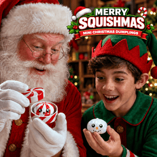 Santa and elf child holding mini squishy Christmas dumpling toys, snowman and candy cane designs