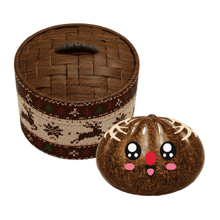 Petite squishy reindeer dumpling with Christmas sweater patterned bamboo steamer basket
