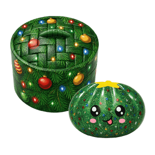 Green Christmas tree-themed squishy dumpling toy with smiling face and matching round tin box