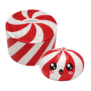 Red and white peppermint swirl squishy Christmas dumpling toy with kawaii face