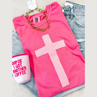 comfort colors pink tee with puff cross on it
