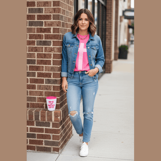 Pink Cross Puff Tee layered under denim jacket with jeans outdoors