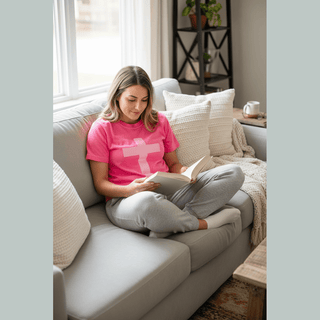 Pink Cross Puff Tee worn with joggers relaxing at home on couch