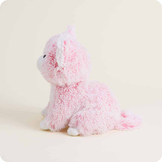 Pink fluffy kitten Warmies stuffed animal plush toy shown from side angle