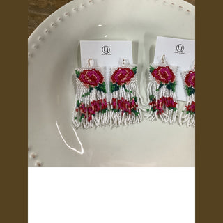 Pink rose seed bead earrings with gradient fuchsia magenta flowers, green leaves and white fringe on gold fishhooks