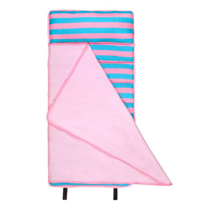 Pink and turquoise striped toddler nap mat with solid light pink microfiber body, black plastic feet, and textured weave