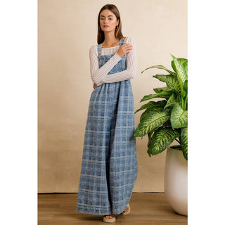 BiBi wide-leg plaid denim overalls in blue, styled with a cream ribbed sweater