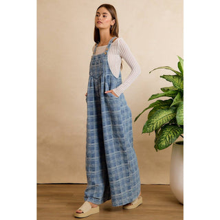 BiBi wide-leg plaid denim overalls in blue with adjustable straps and side pockets