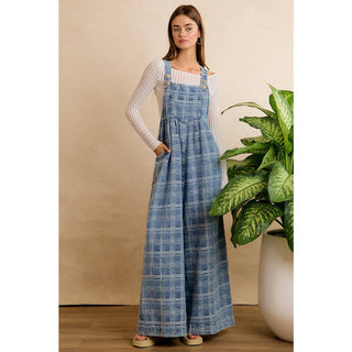 BiBi wide-leg plaid denim overalls in blue with adjustable button straps