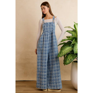 BiBi wide-leg plaid denim overalls in light blue with button straps