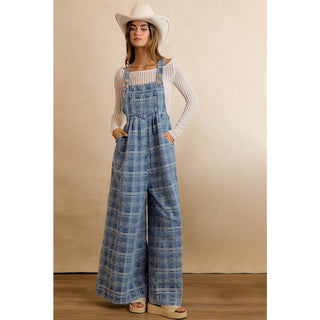 BiBi wide-leg plaid denim overalls in light blue with button straps and side pockets