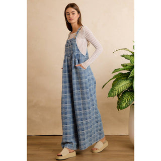 BiBi wide-leg plaid denim overalls in blue with adjustable straps and side pockets