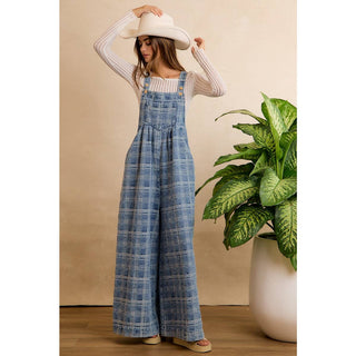 BiBi wide-leg plaid denim overalls in blue with adjustable button straps