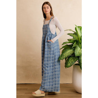 BiBi wide-leg plaid denim overalls in blue with adjustable straps and side pockets
