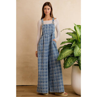 BiBi wide-leg plaid denim overalls in light blue wash with adjustable straps