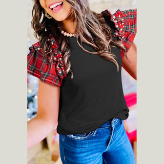 Babs + Birdie Women's Tops S / Black Plaid Pearl Ruffle Short Sleeve Blouse