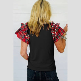 Babs + Birdie Women's Tops Plaid Pearl Ruffle Short Sleeve Blouse