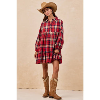 BiBi red plaid tiered mini shirtdress with long sleeves and ruffle hem