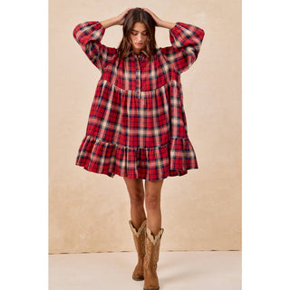 BiBi red plaid tiered mini dress with long sleeves and ruffle hem