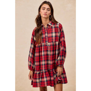 BiBi red plaid long sleeve tiered mini shirtdress with button front collar