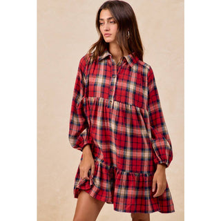 BiBi red plaid tiered mini shirt dress with long sleeves and ruffle hem
