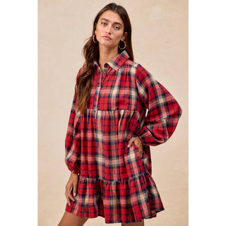 BiBi red plaid tiered mini dress with collared neckline and long balloon sleeves