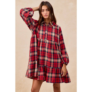 BiBi red plaid tiered mini shirt dress with long sleeves and ruffle hem