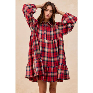 BiBi red plaid tiered mini shirt dress with long balloon sleeves and buttons