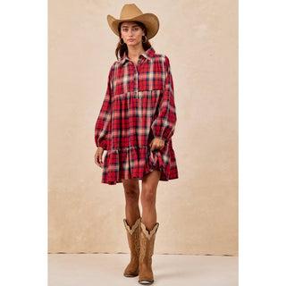 BiBi red plaid tiered mini shirt dress with long sleeves and ruffle hem