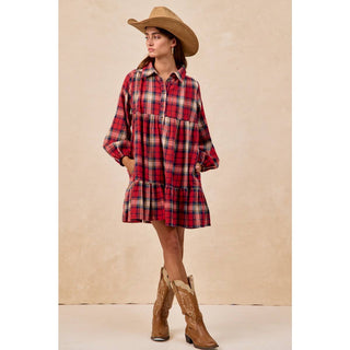 BiBi red plaid tiered flannel mini shirt dress with long sleeves and collar