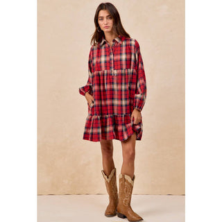 BiBi red plaid tiered mini shirt dress with long sleeves and ruffle hem