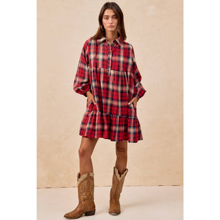 BiBi red plaid tiered mini shirt dress with long sleeves and ruffle hem