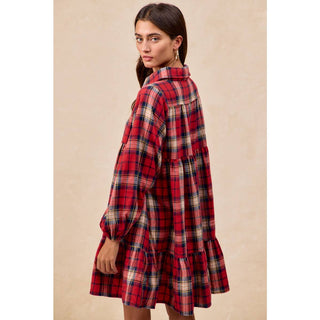 BiBi red plaid tiered flannel mini dress with long sleeves and collar