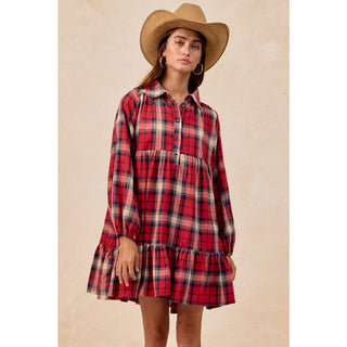 BiBi red plaid tiered mini dress with long sleeves, collar, and ruffle hem