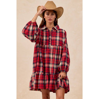 BiBi red plaid tiered mini dress with long sleeves, collar, and button placket