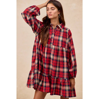 BiBi red plaid tiered mini shirt dress with long sleeves and ruffle hem