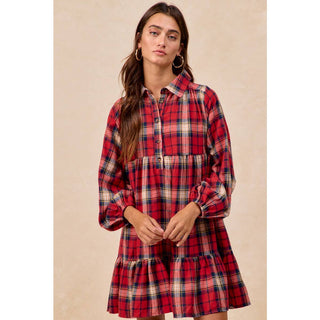 BiBi red plaid tiered mini dress with long sleeves and button collar