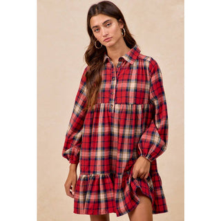 BiBi red plaid tiered mini shirt dress with long sleeves and ruffle hem