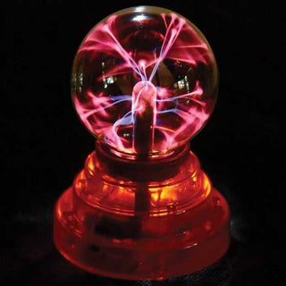 Red plasma light ball with glowing electric arcs on illuminated red base