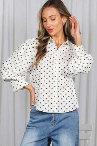 White polka dot puff sleeve button-up shirt with brown dots and collar