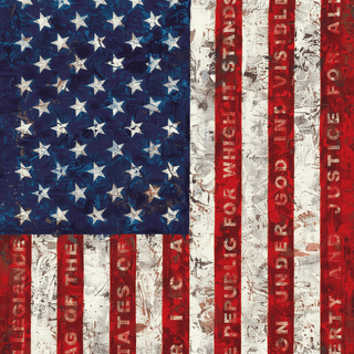 Close-up of textured fade-resistant fabric showing vintage wear and patriotic Pledge text design